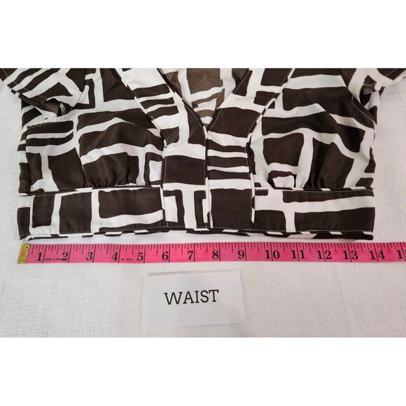 BANANA REPUBLIC WOMENS SIZE 0 BROWN WHITE BLOUSE ARTSY GEOMETRIC SAFARI EXOTIC - Picture 13 of 14